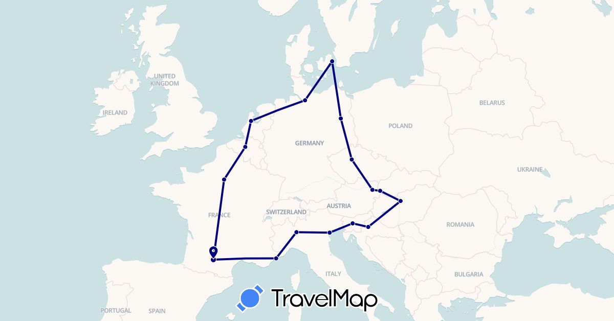 TravelMap itinerary: driving in Austria, Belgium, Czech Republic, Germany, Denmark, France, Croatia, Hungary, Italy, Netherlands, Slovenia, Slovakia (Europe)